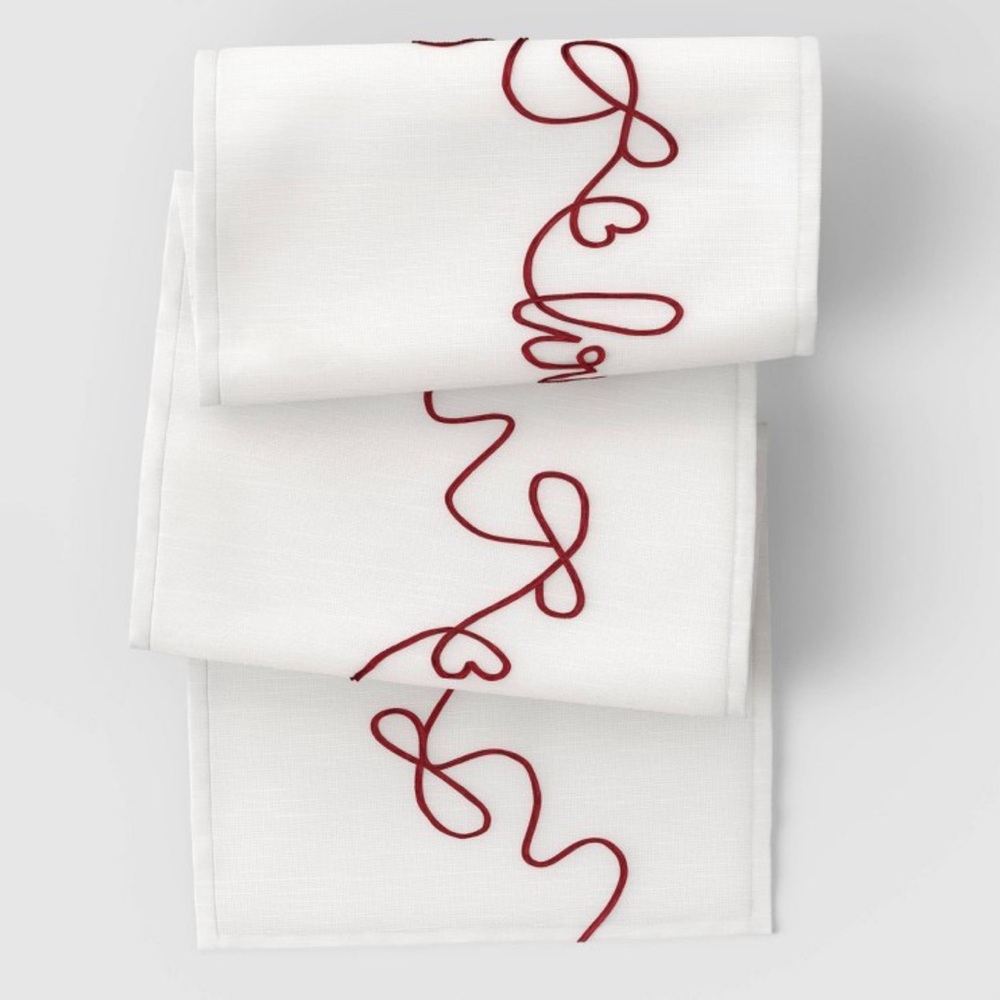 NEW Threshold White w/Red Ribbon Love Table Runner